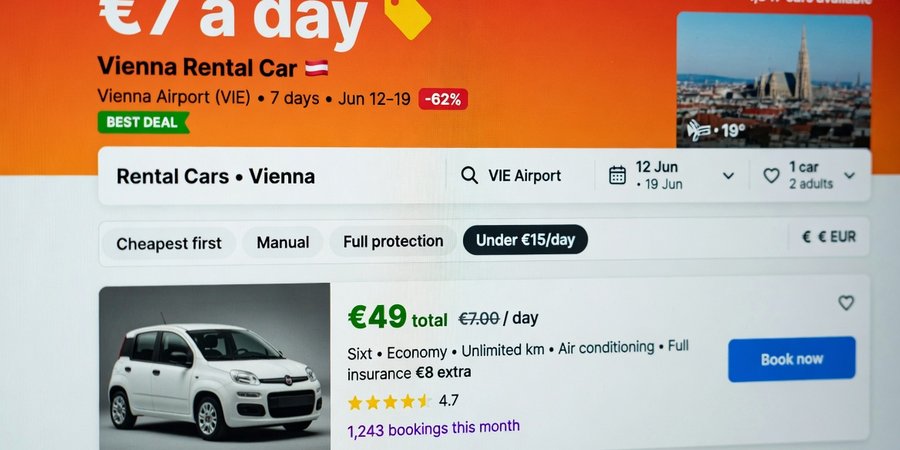Ekran agregatora z ofertą wynajmu samochodu w Wiedniu za siedem euro dziennie