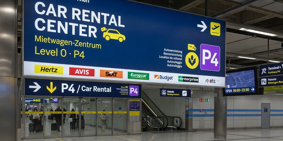 Oznakowanie Car Rental Center na poziomie 0 parkingu P4 w Wiedniu-Schwechat