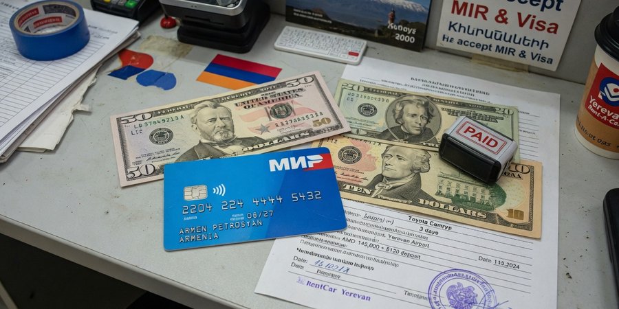 Karta płatnicza i banknoty euro na ladzie wypożyczalni w Erywaniu