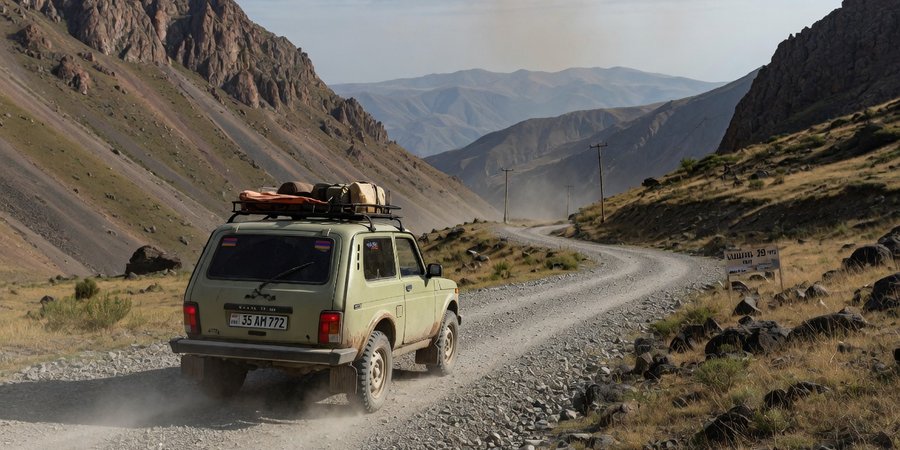 Lada Niva na żwirowej drodze w górach Syuniku, Armenia
