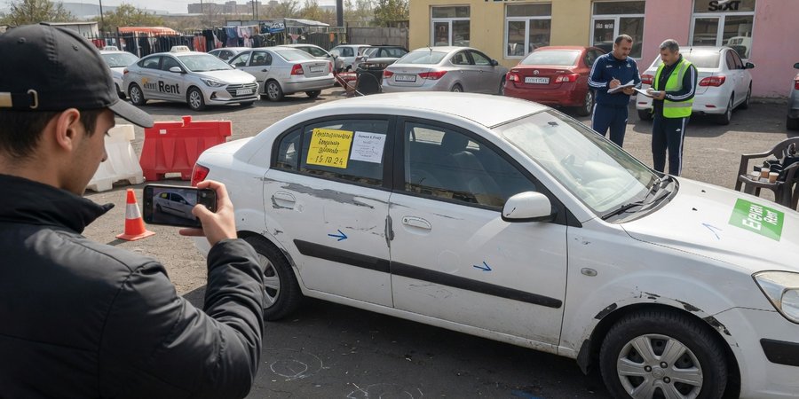 Najemca filmuje karoserię auta w punkcie odbioru w Erywaniu