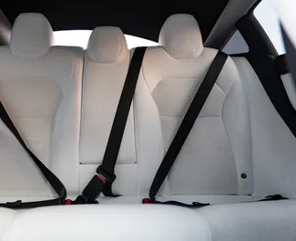 Wnętrze Tesla Model 3 do wynajęcia w ZEA. Doskonały samochód 5-osobowy. ✓ Skrzynia Automatyczna.